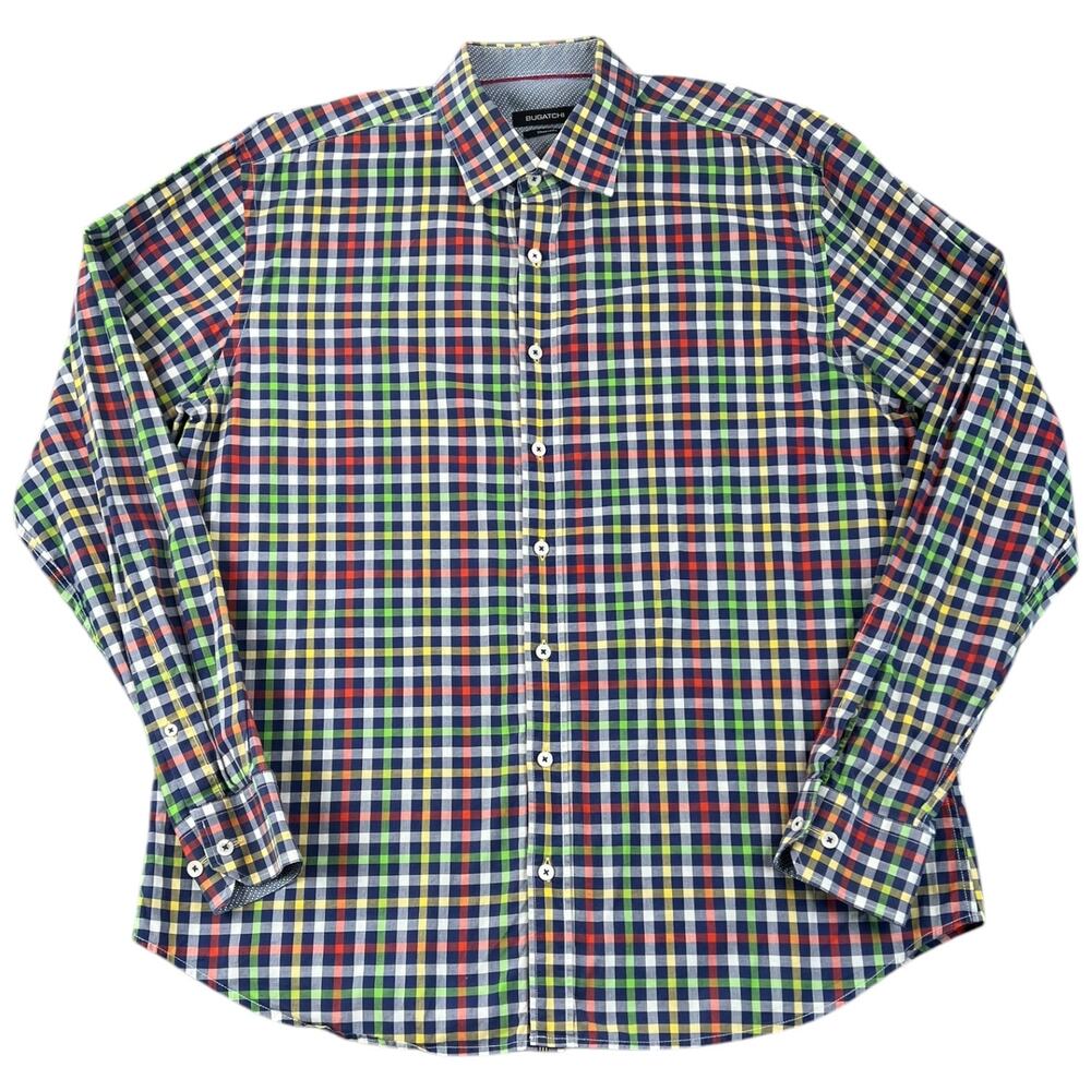 Bugatchi Uomo Plaid Button Down Dress Shirt Shaped Fit Multicolor Check - L